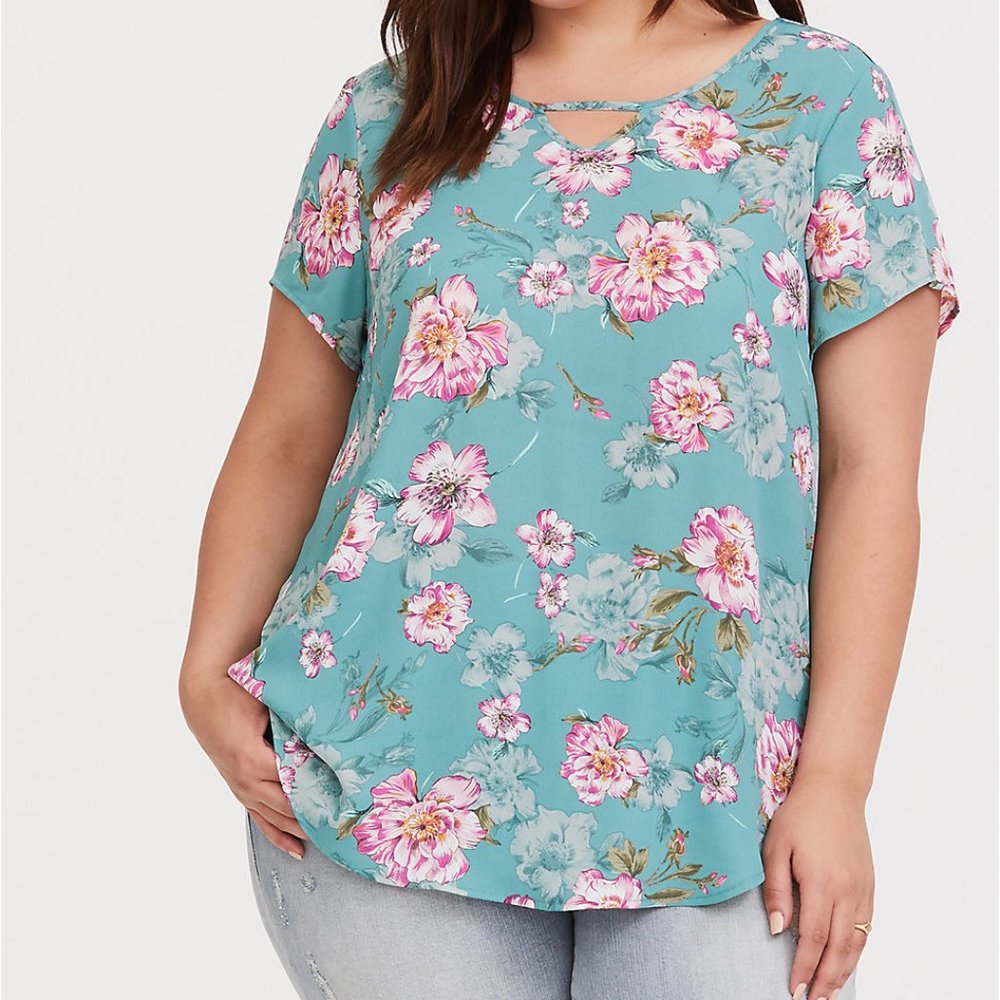 GREEN FLORAL KEYHOLE GEORGETTE BLOUSE